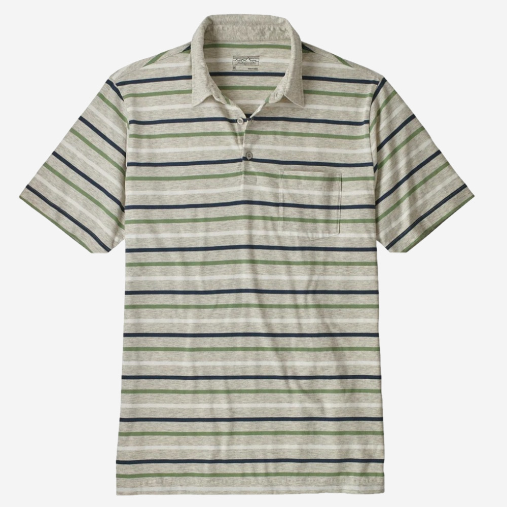 Patagonia Men's Squeaky Clean Polo Size L Gray Green Blue Stripe Casual EUC